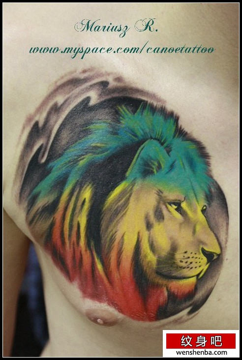 男性胸部超酷的彩色狮头纹身