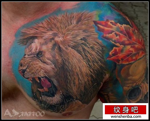 男性胸部帅气好看的狮头纹身