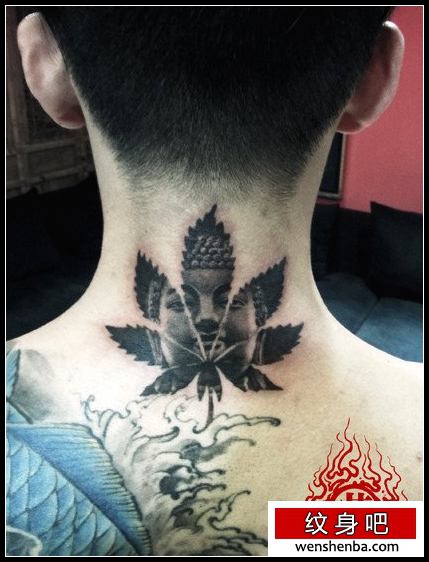 超酷的颈部一枚大麻叶佛头纹身