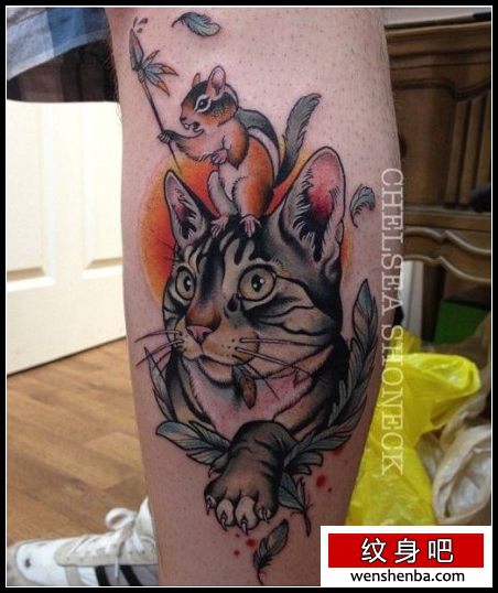 腿部权威个性的猫咪与老鼠纹身