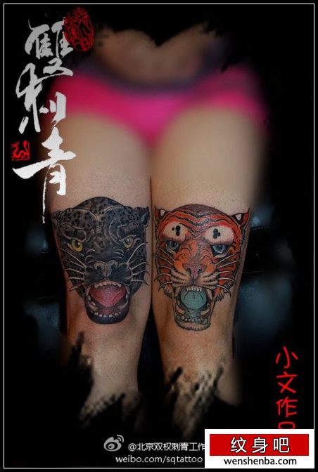 女人腿部个性的虎头与豹头纹身