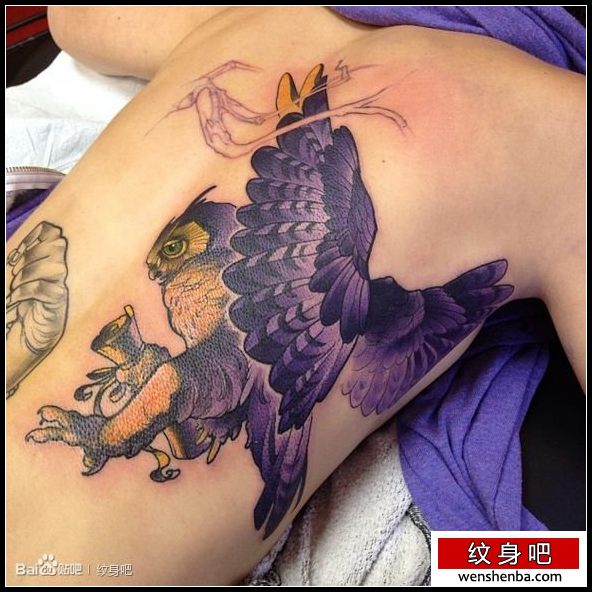 男性后背时髦时髦的猫头鹰纹身