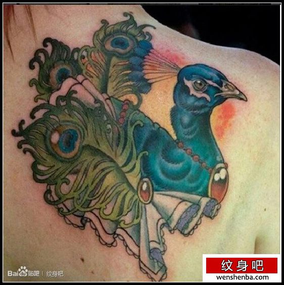 一枚权威时髦的彩色孔雀纹身