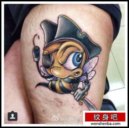 腿部一枚的独眼蜜蜂纹身