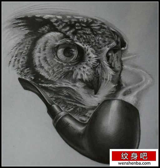 一枚权威超酷的黑灰猫头鹰纹身手稿