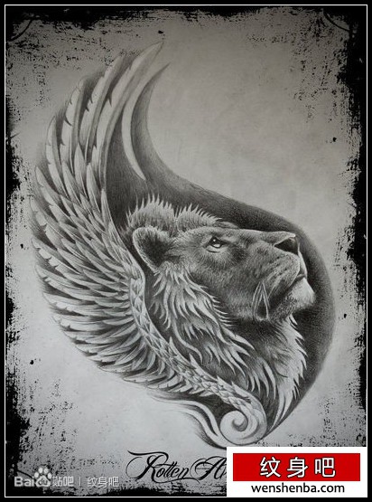 时尚帅气的一枚黑灰狮子纹身手稿