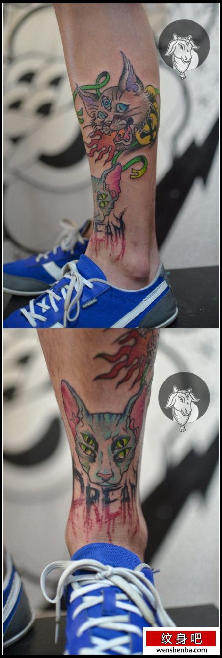 腿部个性权威的school风格的猫咪纹身