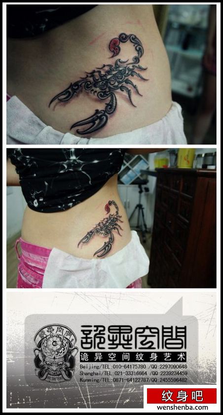 女人腰部权威好看的图腾蝎子纹身