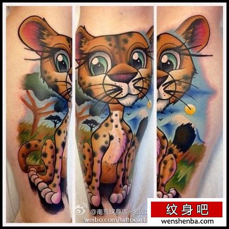 腿部个性权威的一枚欧美风格的小豹子纹身
