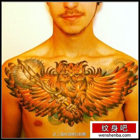 男性前胸帅气的猫头鹰纹身