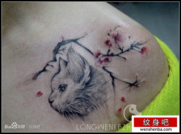 女人胸前可爱的猫咪与梅花纹身