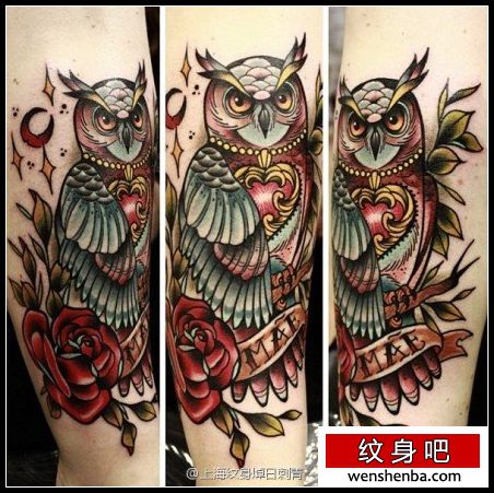 腿部个性时髦的猫头鹰纹身