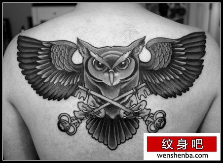 男性后背权威的传统猫头鹰纹身