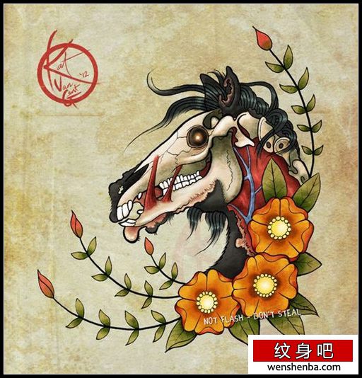 时髦个性的一枚马纹身手稿
