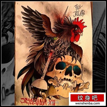 一枚个性时髦的公鸡纹身