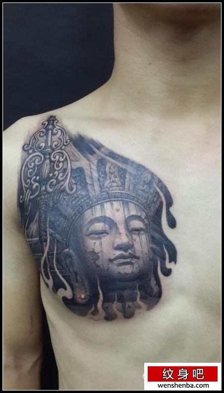 男性前胸时髦权威的地藏王菩萨纹身
