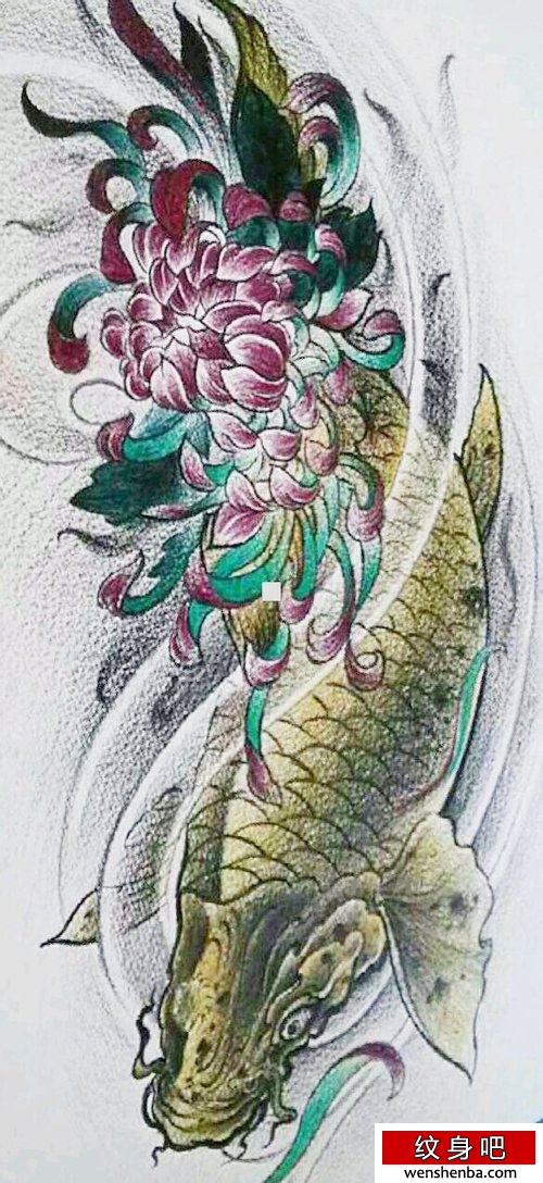 精致时髦的一枚鲤鱼纹身手稿