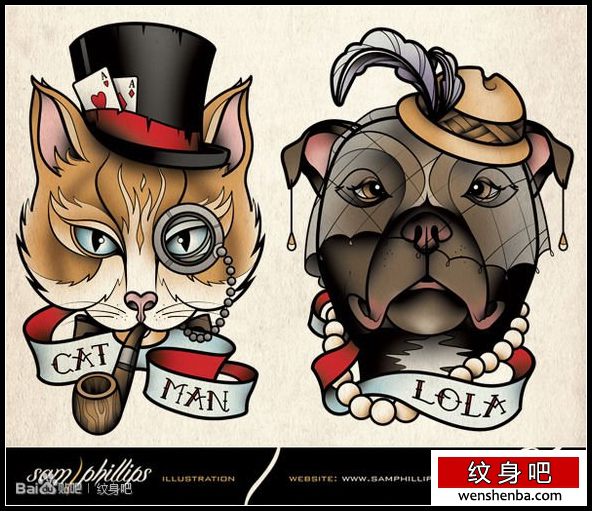 权威个性的一组猫咪与小狗纹身手稿