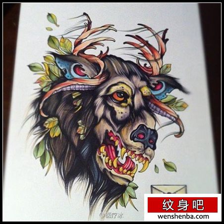 一枚school风格的羊头纹身手稿