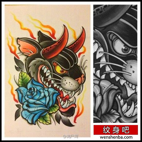 时髦帅气的豹头与玫瑰纹身
