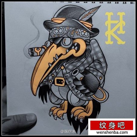 邪恶时髦的一枚乌鸦纹身手稿