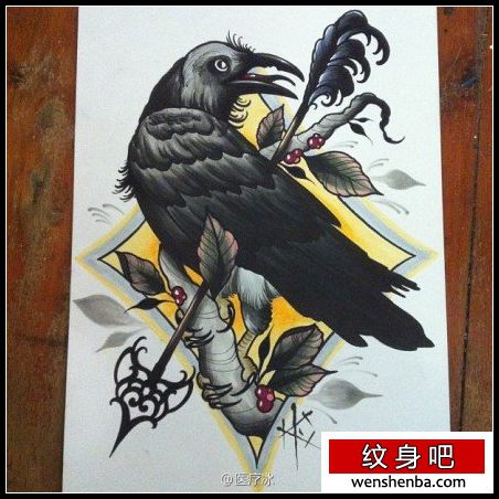 权威个性的一枚乌鸦纹身手稿
