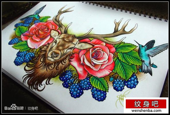 精致很帅的一枚麋鹿纹身手稿