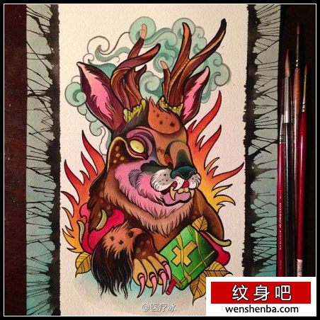 个性很帅的一枚长鹿角的兔子纹身