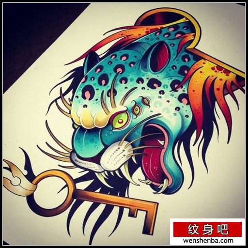 时髦帅气的豹头纹身手稿