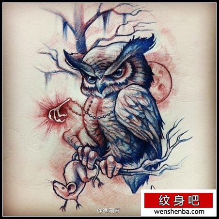 个性时髦的一枚猫头鹰纹身手稿