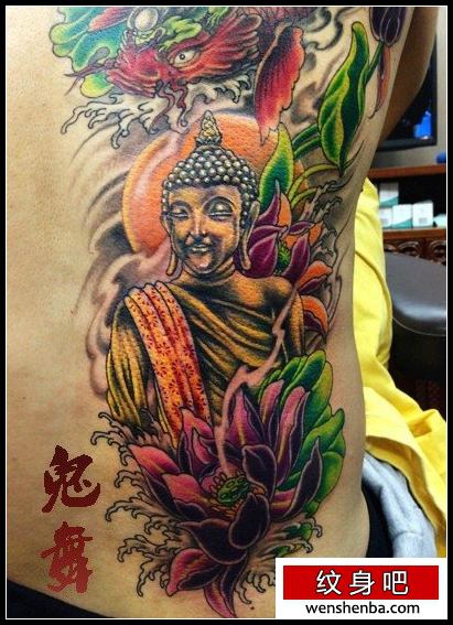 男性后腰一枚权威的药师佛纹身