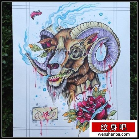 个性很帅的一枚羊头纹身手稿