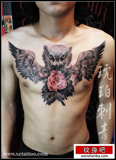 男性前胸很帅超酷的猫头鹰纹身