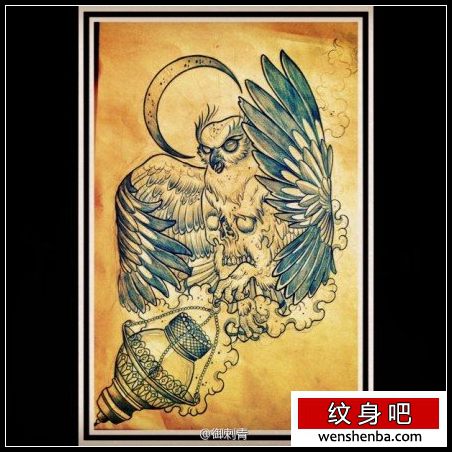 很帅时髦的一枚猫头鹰纹身手稿