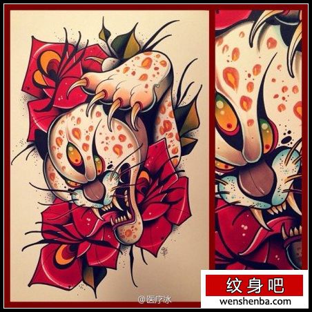 个性时髦的一枚豹头纹身手稿