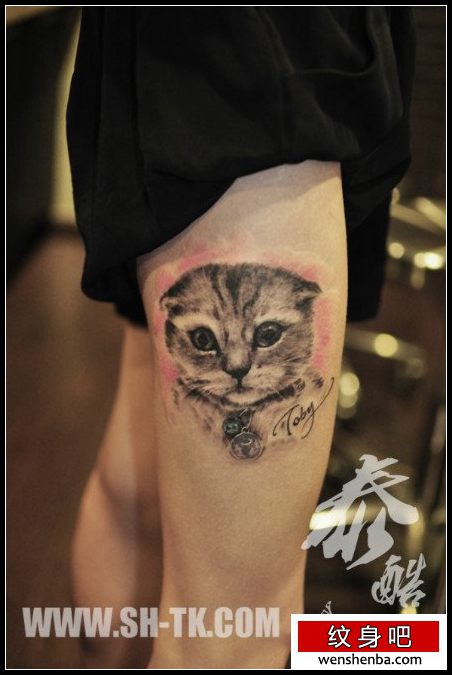 女人腿部呆萌可爱的猫咪纹身