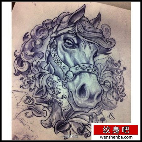 帅气时髦的一枚马纹身手稿
