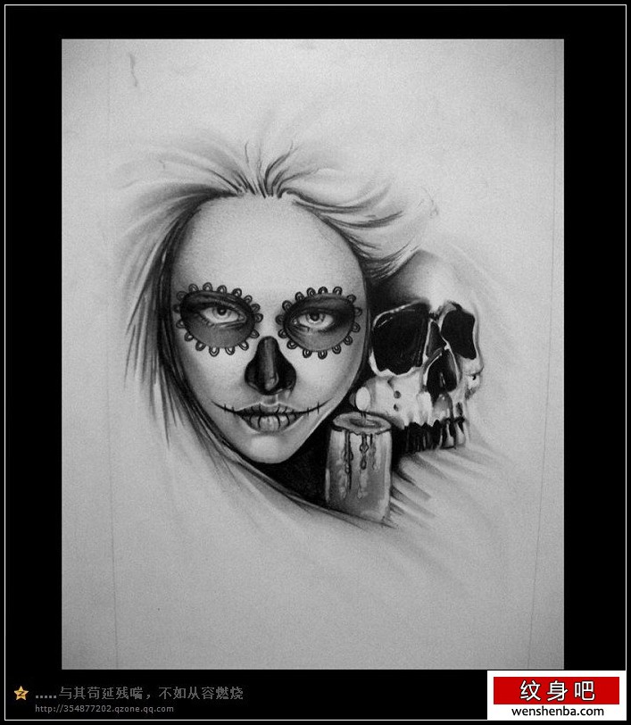 一张死亡女郎与骷髅的一枚手稿纹身