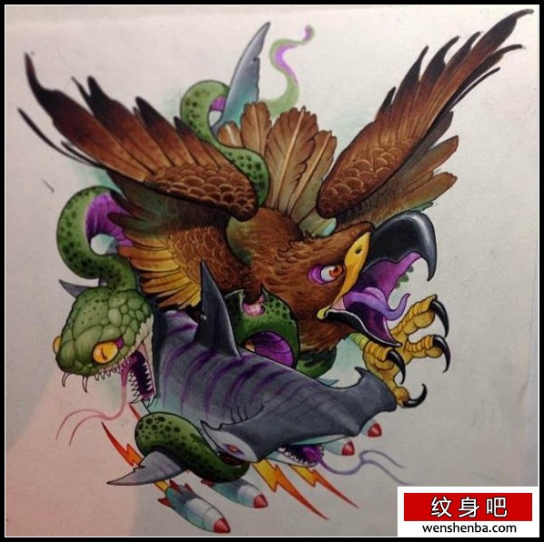 介绍一枚school风格老鹰鲨鱼纹身手稿