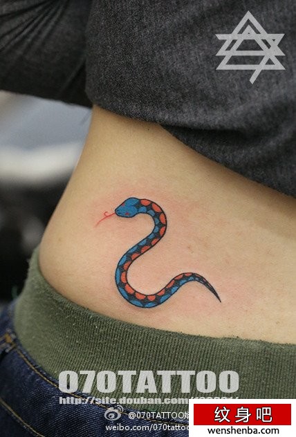 靓女腰部好看的彩色小蛇纹身