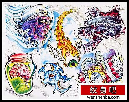 欧美纹身骷髅眼睛翅膀炸弹纹身