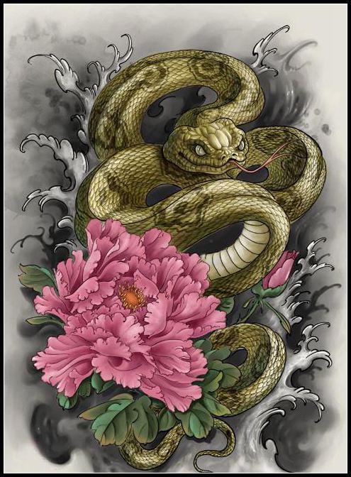 传统蛇与牡丹纹身