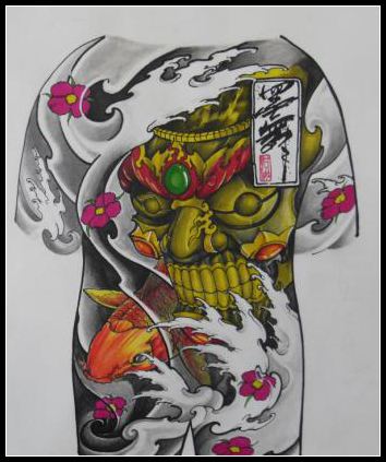 满背纹身彩色满背嘎巴拉鲤鱼纹身