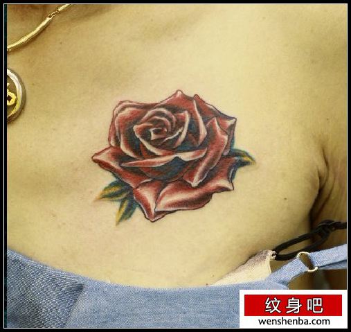 女人纹身胸部彩色玫瑰纹身
