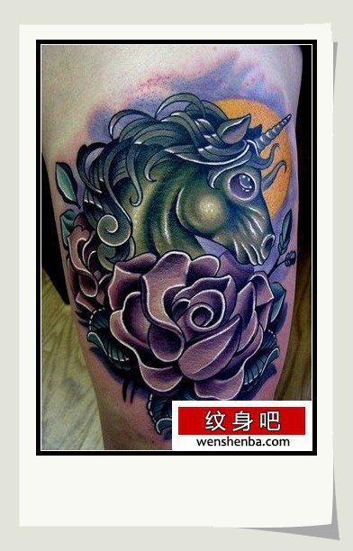 独角兽纹身一张腿部彩色3D独角兽玫瑰花纹身