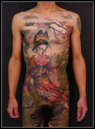 前胸彩色日本靓女艺妓纹身