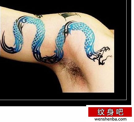 一张手臂彩色图腾蛇纹身