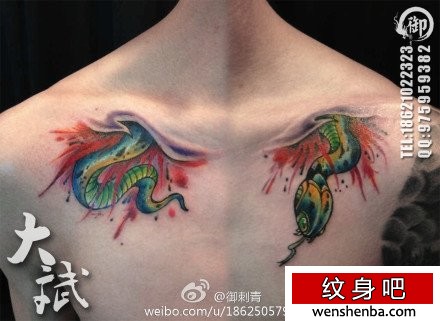前胸帅气的撕皮蛇纹身