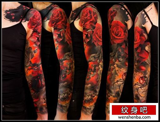 手臂时髦精致的一张花臂玫瑰花纹身