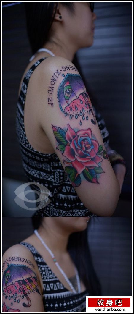 手臂个性漂亮的雨伞与玫瑰花纹身